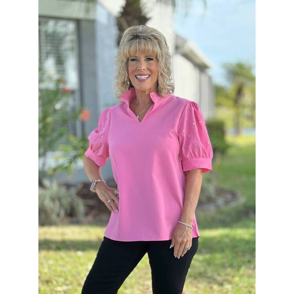 NEW SOUTHERN GRACE pastel princess puff sleeve top in pink
